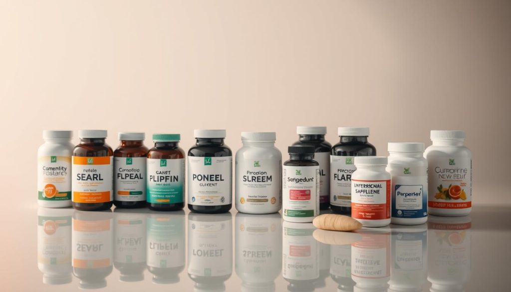 A beautifully lit display of top-rated nutritional supplements, arranged with care on a sleek, reflective surface. In the foreground, a selection of expertly curated bottles and containers, each featuring clean, minimalist branding and high-quality ingredients. In the middle ground, a soft, natural light casts a warm glow, highlighting the vibrant colors and textures of the supplements. In the background, a simple, elegant backdrop, perhaps a subtle gradient or a softly blurred natural scene, allowing the products to take center stage. The overall impression is one of quality, efficacy, and a commitment to advanced nutrition and wellness.