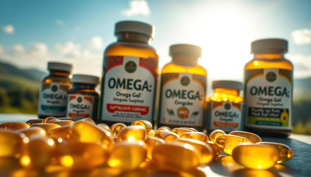 A beautifully lit, high-resolution close-up photograph of a collection of omega-3 supplements. The foreground features a group of soft gel capsules, their transparent shells revealing the rich amber liquid within. The middle ground showcases various bottles and jars of omega-3 supplements, their labels clearly visible and showcasing the product details. The background is a serene, natural setting with a blurred, out-of-focus landscape, creating a sense of tranquility and wellness. Soft, warm lighting casts a gentle glow over the scene, highlighting the natural, organic nature of the supplements. The overall atmosphere conveys a sense of health, vitality, and the importance of essential nutrients for overall well-being.