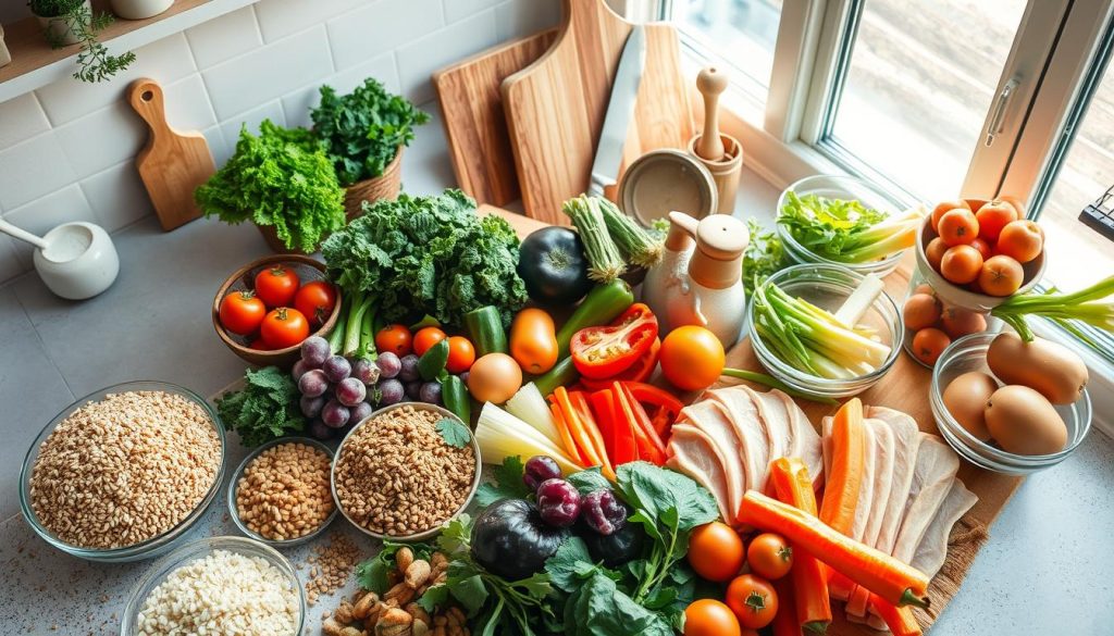 A beautifully lit overhead shot of a bright, airy kitchen countertop filled with a variety of fresh, colorful ingredients for healthy meal preparation. In the foreground, an array of whole grains, vibrant vegetables, and lean protein sources are artfully arranged. In the middle ground, various cooking implements such as a wooden cutting board, a chef's knife, and a set of glass mixing bowls create a sense of culinary potential. The background features natural light streaming in through a large window, casting a warm, inviting glow over the scene. The overall atmosphere conveys a sense of wellness, mindfulness, and the joy of nourishing one's body with wholesome, functional foods.