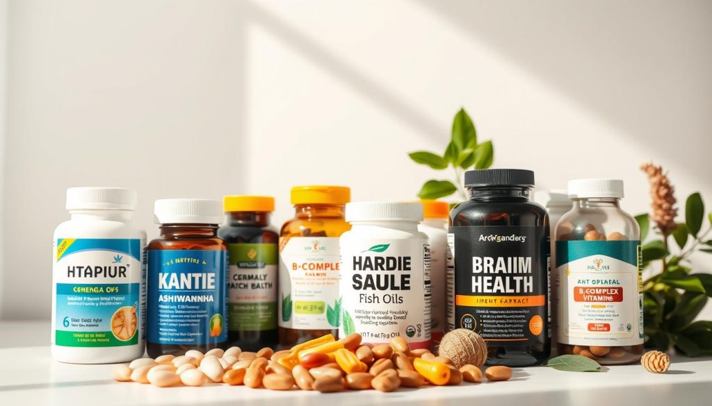 A bright, well-lit still life arrangement showcasing an assortment of high-quality brain health supplements. Prominently displayed in the foreground are various vitamins, minerals, and herbal extracts commonly associated with cognitive function and brain support, such as omega-3 fish oils, B-complex vitamins, ginkgo biloba, and ashwagandha. The middle ground features a clean, minimalist background, allowing the supplements to take center stage. The lighting is natural and diffused, creating a warm, inviting atmosphere that highlights the purity and potency of the products. The camera angle is slightly elevated, providing a clear and unobstructed view of the entire arrangement.