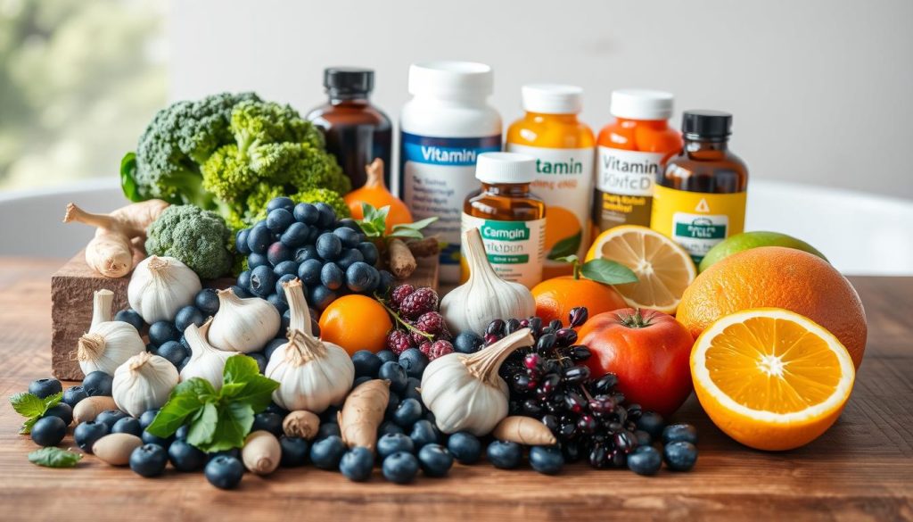 A high-quality still life photograph of an assortment of the most potent immunity-boosting nutrients arranged on a wooden table. In the foreground, place a variety of colorful superfoods such as blueberries, broccoli, garlic, ginger, and citrus fruits. In the middle ground, include supplements like Vitamin C, Vitamin D, zinc, and elderberry. Capture the scene with natural lighting, creating a warm, inviting atmosphere. Use a shallow depth of field to keep the focus on the star ingredients while softening the background. Convey a sense of health, vitality, and scientific rigor through the precise, thoughtful composition.