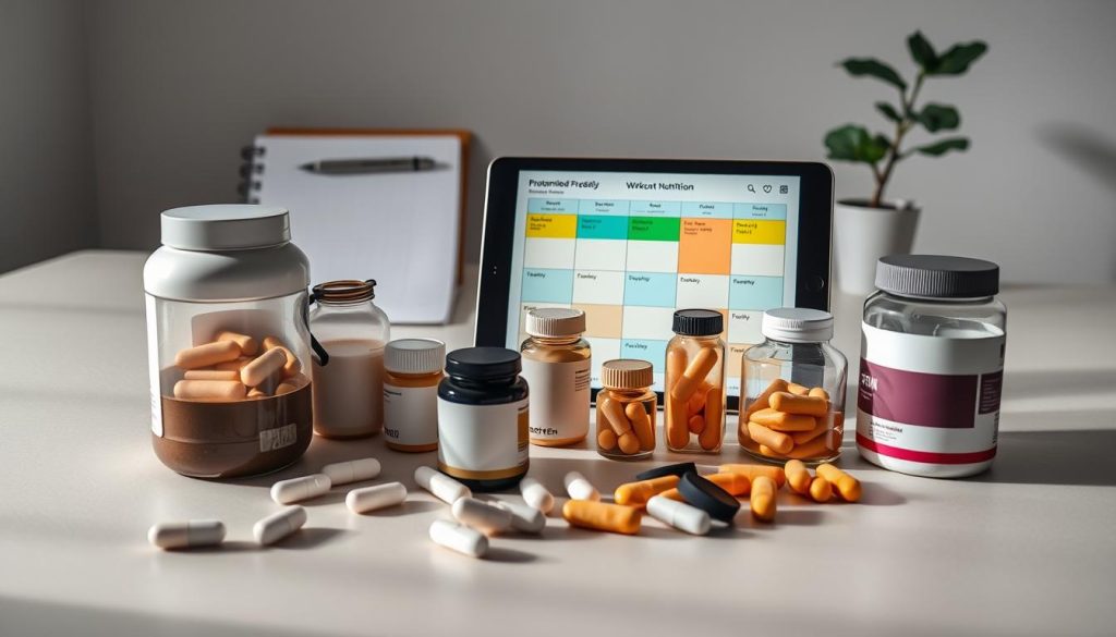 A highly detailed, professionally-lit photograph of a protein supplementation schedule. In the foreground, an assortment of protein powder containers, shaker bottles, and pill bottles are neatly arranged on a neutral-colored surface, casting soft shadows. In the middle ground, a digital tablet displays a customized weekly workout and nutrition plan, with color-coded sections for protein intake. The background is a clean, minimalist workspace with a notebook, pens, and a plant, suggesting a health-conscious, organized environment. The lighting is soft and even, creating a sense of clarity and precision. The overall mood is one of a thoughtful, data-driven approach to fitness and nutrition.