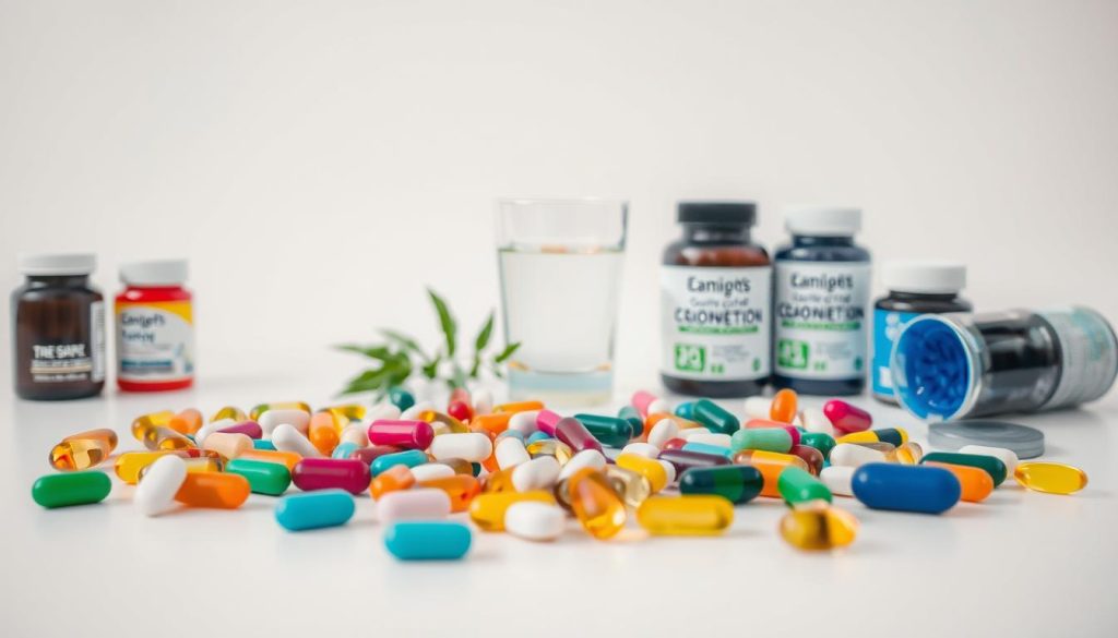 A neatly arranged still life composition showcasing an assortment of cognitive function supplements. The foreground features an array of colorful capsules, tablets, and softgels in various shapes and sizes, arranged in a visually appealing manner on a clean, minimalist surface. The middle ground includes a glass of water and a few pieces of fresh greenery, such as leaves or herbs, to create a natural, wellness-inspired atmosphere. The background is subtly blurred, emphasizing the supplements as the focal point, with soft, even lighting illuminating the scene from an overhead angle to highlight the textures and details of the products. The overall mood is one of focus, clarity, and a sense of intentional self-care.