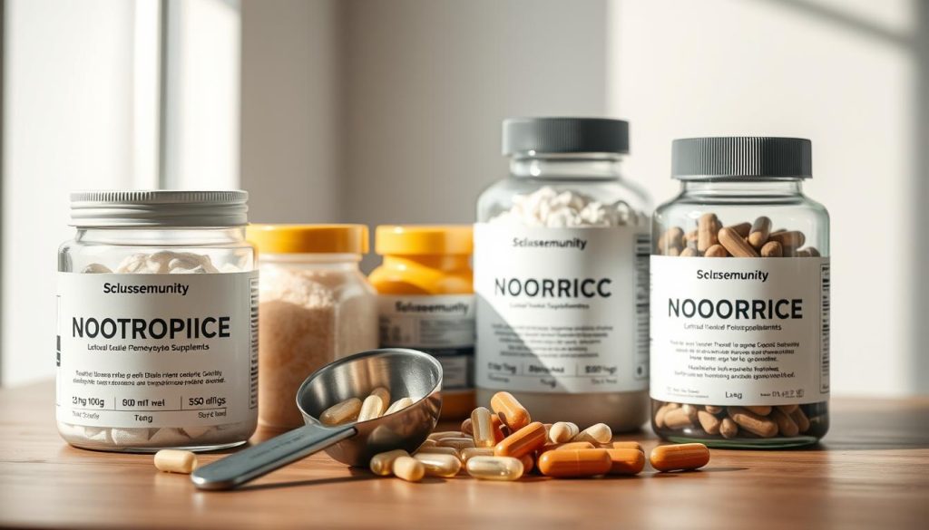 A neatly arranged still life depicting an assortment of premium nootropic supplements. In the foreground, clear glass jars showcase high-quality nootropic powders and capsules, their contents meticulously labeled. In the middle ground, a sleek stainless steel scoop rests atop a wooden surface, hinting at the precise measurement and dosing of these cognitive enhancers. The background features a minimalist backdrop, allowing the supplements to take center stage. Natural lighting gently illuminates the scene, creating a sense of clarity and focus. The overall mood is one of professionalism, effectiveness, and scientific rigor - reflecting the careful approach needed to optimize mental performance with nootropic supplements.