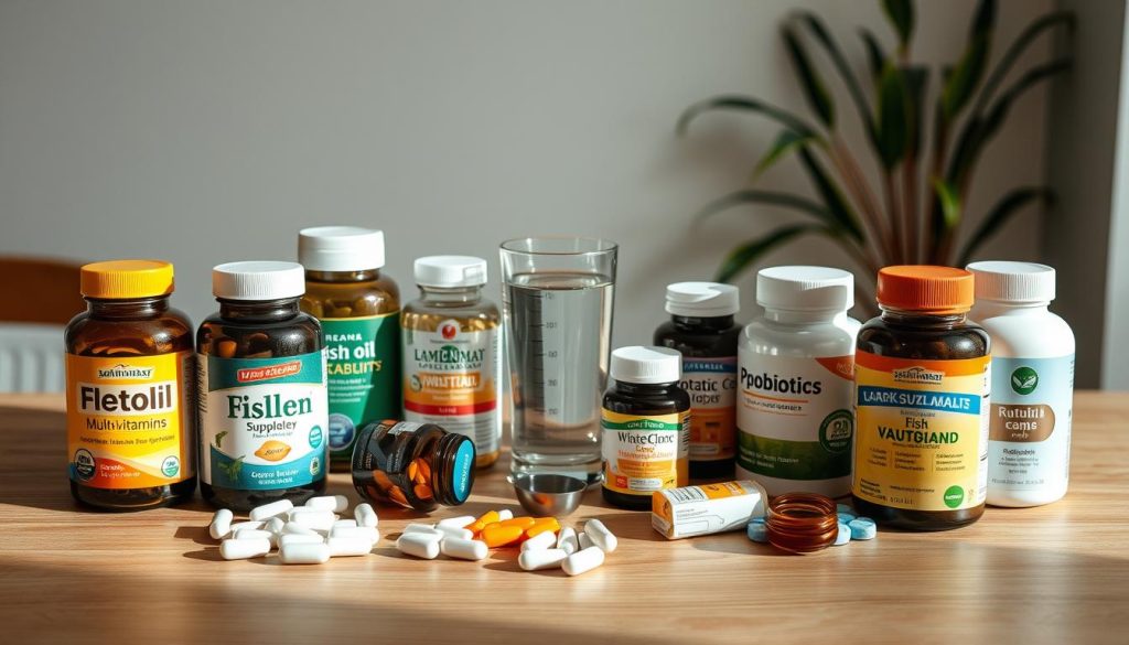 A neatly organized assortment of daily health supplements on a clean, wooden table, with soft, warm lighting highlighting the various bottles, capsules, and tablets. The foreground features a selection of popular supplements such as multivitamins, fish oil, vitamin C, and probiotics, arranged in a visually appealing manner. In the middle ground, a glass of water and a measuring spoon add a practical touch to the scene. The background showcases a minimalist, natural-themed setting, perhaps with a simple plant or a subtle pattern on the wall, creating a serene and wellness-focused atmosphere.