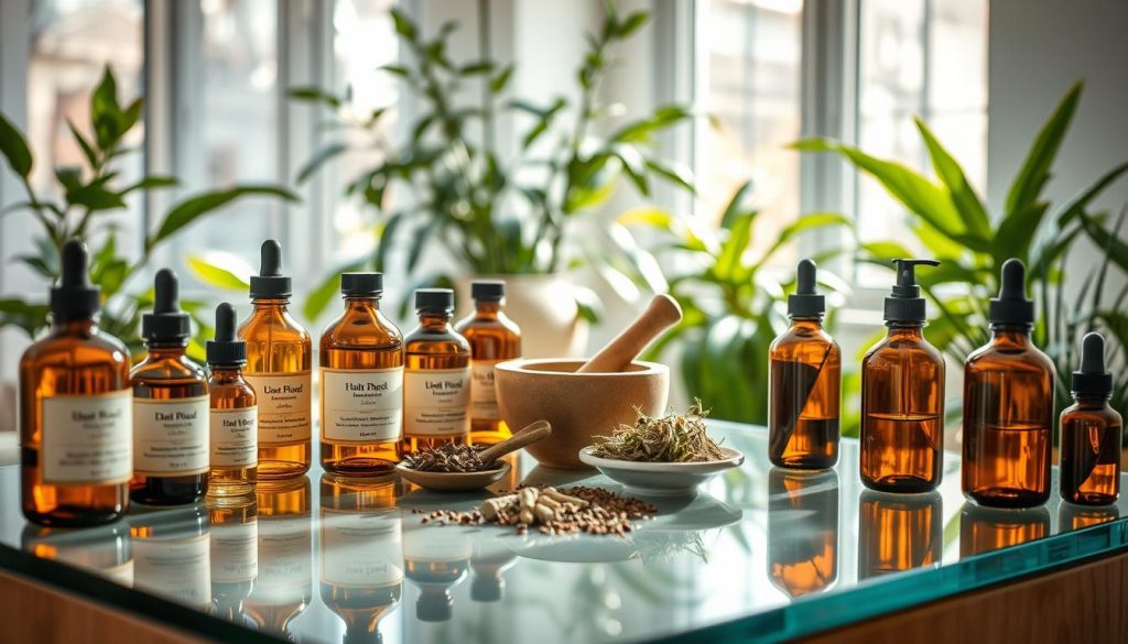 A pristine glass countertop displays a curated arrangement of holistic wellness products. In the foreground, an array of amber glass bottles and jars filled with organic herbal extracts, tinctures, and essential oils. The middle ground features a mortar and pestle, a bundle of dried herbs, and a small plate with a scattering of whole spices. Soft, natural lighting filters in through large windows, creating a warm, tranquil ambiance. The background showcases lush, green potted plants, lending an earthy, rejuvenating atmosphere. The overall scene exudes a sense of mindfulness, balance, and the harmonious fusion of nature and wellness.