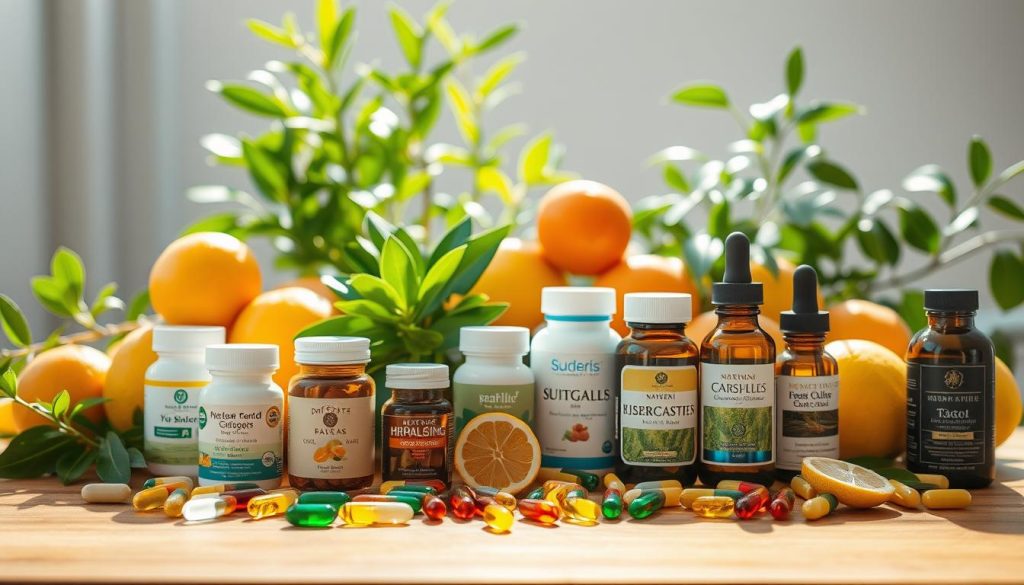 A serene and sun-lit still life arrangement showcasing an assortment of natural health supplements. In the foreground, a variety of colorful capsules, softgels, and herbal tinctures are neatly displayed on a wooden table, their labels clearly visible. In the middle ground, lush green plants and fresh citrus fruits create a vibrant, natural backdrop. The lighting is soft and warm, casting a gentle glow over the scene. The overall composition evokes a sense of balance, purity, and wellness, perfectly capturing the essence of integrating supplements with a healthy diet and lifestyle.