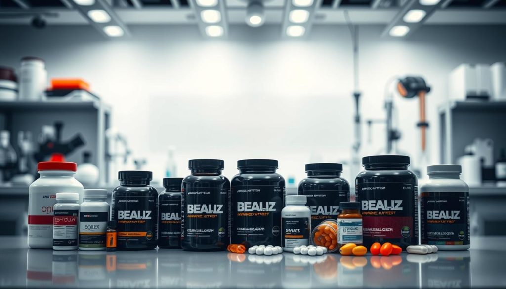 A sleek and modern laboratory setting with advanced nutrition supplements arranged in the foreground. The supplements are depicted as high-quality, state-of-the-art products in various shapes and sizes, showcasing their technological and scientific nature. The middle ground features a clean, minimalist backdrop, with subtle lighting and shadows accentuating the products. In the background, a blurred display of scientific equipment and lab apparatus suggest a professional, research-driven environment. The overall atmosphere is one of innovation, precision, and the pursuit of optimal health and performance.