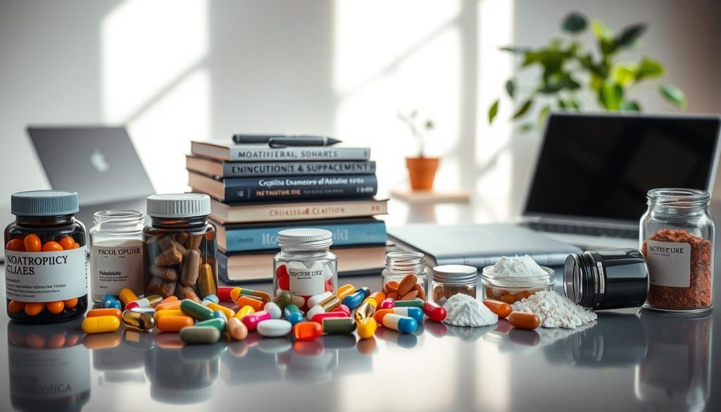 A still life arrangement showcasing various nootropic supplements for focus and concentration. In the foreground, an assortment of colorful capsules, tablets, and powders in glass jars and bottles, neatly arranged on a smooth, reflective surface. In the middle ground, a stack of books on cognitive enhancement and productivity, along with a pen and notepad. The background features a clean, minimalist workspace with a laptop, a potted plant, and soft, natural lighting streaming in from a window. The overall mood is one of scientific precision, mental clarity, and the pursuit of peak cognitive performance.