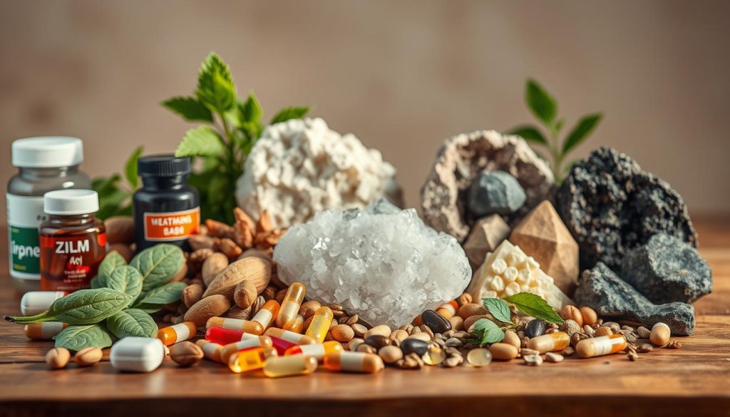 A still life composition showcasing an assortment of essential minerals for a strong immune system, including zinc, selenium, iron, and vitamins A, C, and D. Arrange the minerals on a wooden table in a warm, natural lighting, captured with a shallow depth of field to emphasize the textures and colors. In the foreground, place a mix of supplements, vitamin capsules, and raw ingredients like nuts, seeds, and leafy greens. In the middle ground, display larger mineral specimens like quartz, mica, and hematite. The background should feature a simple, neutral backdrop that allows the minerals to take center stage, conveying a sense of health, vitality, and natural wellness.