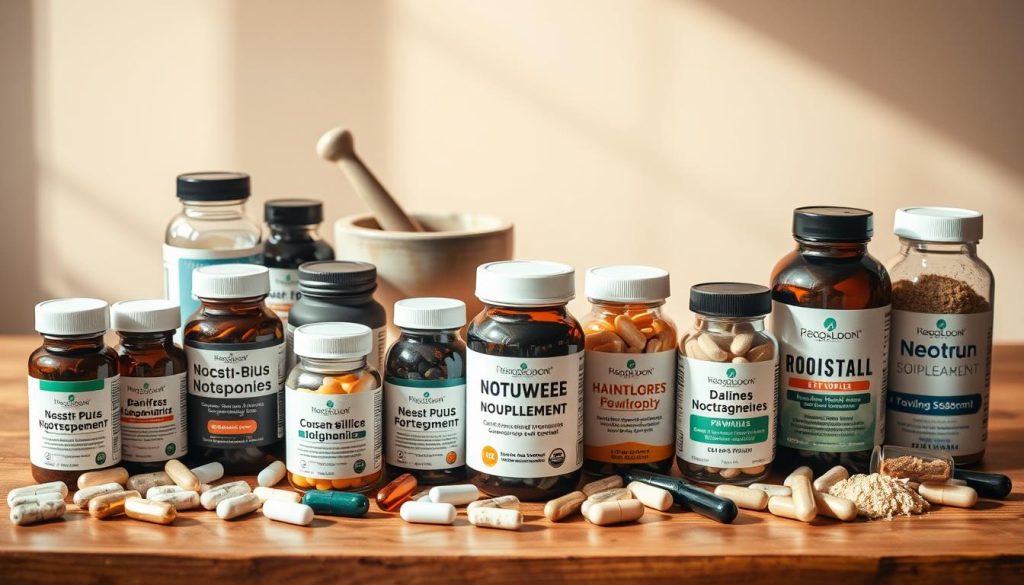 A still life image of various nootropic supplements artfully arranged on a wooden table. The foreground features a diverse array of capsules, tablets, and powders in glass jars and containers, with labels showcasing their key benefits for focus and cognitive enhancement. The middle ground includes a mortar and pestle, a notebook, and a cup of steaming tea, creating an atmosphere of concentration and productivity. The background is softly blurred, highlighting the subject matter while maintaining a clean, minimalist aesthetic. Warm, natural lighting casts subtle shadows, enhancing the depth and texture of the scene. The overall composition conveys the idea of optimizing brain function through a carefully curated selection of premium nootropic supplements.