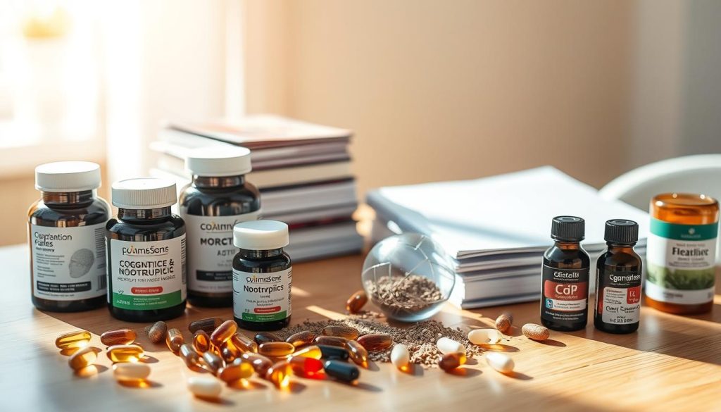 A sunlit table displays an arrangement of cognitive support supplements. In the foreground, softgel capsules, powdered nootropics, and herbal tinctures are meticulously placed, their labels showcasing their functional ingredients. The middle ground features a stack of informative brochures and a clean, minimalist notebook, hinting at the educational aspect of these supplements. The background is a softly blurred, warm-toned workspace, evoking a sense of focus and productivity. Gentle, natural lighting casts subtle shadows, creating depth and highlighting the quality of the products. The overall mood is one of clinical precision, scientific rigor, and a commitment to cognitive optimization.