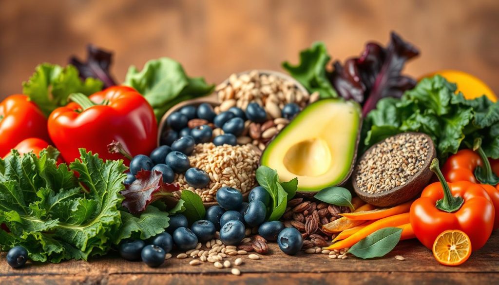 A vibrant, high-resolution close-up image of an assortment of plant-based superfoods, arranged artfully on a rustic wooden surface. In the foreground, a variety of leafy greens such as kale, spinach, and Swiss chard, alongside vibrant red and orange bell peppers, juicy blueberries, and crisp slices of avocado. In the middle ground, an array of superfoods including quinoa, chia seeds, goji berries, and cacao nibs, all bathed in warm, natural lighting. The background fades into a soft, blurred, earth-toned gradient, creating a sense of depth and emphasizing the fresh, wholesome, and nourishing qualities of the superfoods. The overall mood is one of vitality, health, and abundance.