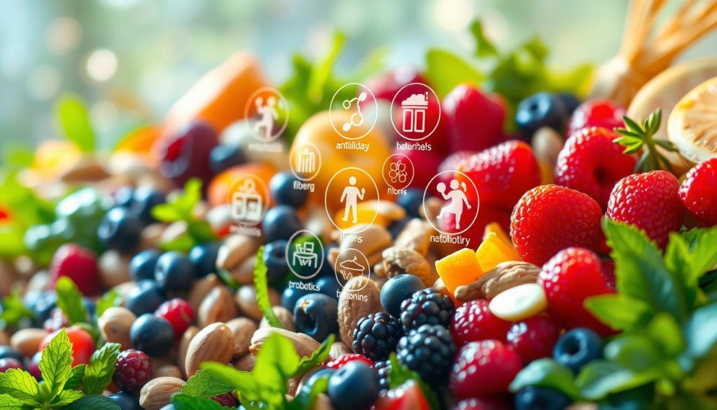 A vibrant, richly-detailed illustration showcasing the multifaceted health benefits of functional foods. In the foreground, a visually striking display of an array of nutrient-dense ingredients - juicy berries, crunchy nuts, leafy greens, and vibrant superfoods. Mid-frame, translucent glyphs and icons representing key wellness attributes like antioxidants, fiber, probiotics, and essential vitamins dance gracefully, emphasizing the functional capabilities of these wholesome foods. In the background, an ethereal, softly-lit environment evokes a sense of balance, vitality, and natural harmony. Masterful lighting and depth-of-field create a captivating, almost holographic effect, inviting the viewer to explore the profound ways functional foods can boost overall health and well-being.