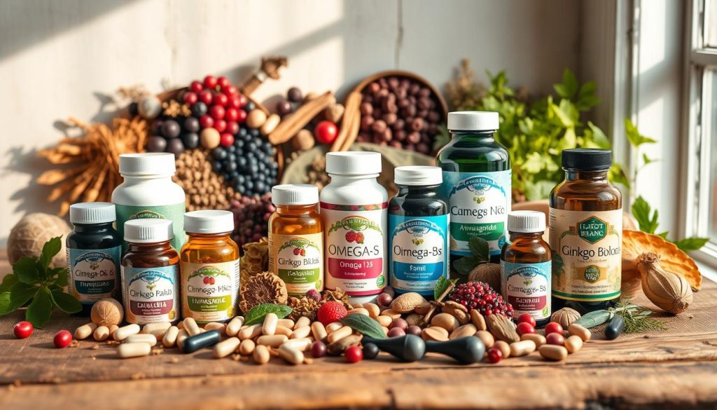 A vibrant still life arrangement featuring a variety of herbal supplements and superfoods on a rustic wooden table. In the foreground, an assortment of capsules, tablets, and tincture bottles are neatly displayed, their labels showcasing natural ingredients like ginkgo biloba, omega-3s, and ashwagandha. Behind them, a scattering of whole herbs, berries, and nuts creates a visually appealing contrast. Soft natural lighting from a nearby window casts gentle shadows, highlighting the textures and colors of the natural ingredients. The overall composition conveys a sense of purity, vitality, and the power of nature to support cognitive function and brain health.