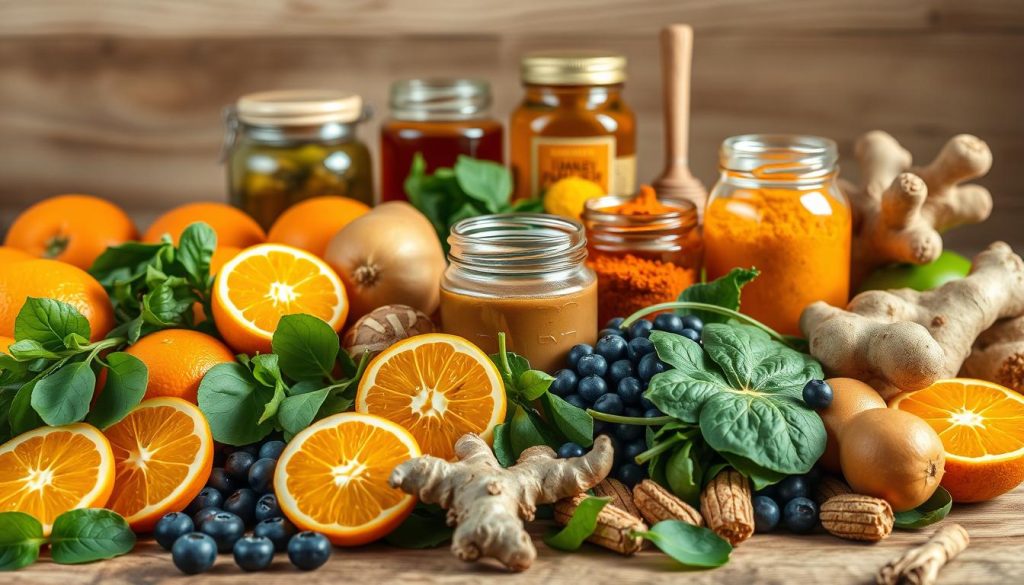A vibrant still life arrangement of immune-boosting superfoods, captured in soft, natural lighting. In the foreground, a diverse array of fresh produce including oranges, kiwi, blueberries, spinach, and ginger root. The middle ground features jars of honey, turmeric, and other nutrient-rich spices, arranged artfully. The background has a wooden table or rustic surface, complemented by a neutral, earthy color palette that enhances the organic, nourishing theme. The overall composition evokes a sense of vitality, health, and wellness, with a focus on the bountiful, vibrant ingredients that support the immune system.