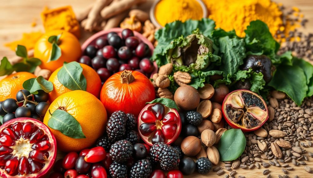 A vibrant still life showcasing an assortment of natural energy-boosting superfoods. In the foreground, an array of colorful fruits and berries including vibrant oranges, deep purple acai berries, and glistening pomegranate seeds. In the middle ground, leafy greens such as spinach and kale, alongside crunchy nuts and seeds. The background features earthy turmeric roots, golden-hued maca powder, and a scattering of chia seeds. Warm, natural lighting casts a soft glow over the scene, highlighting the textures and rich colors of the ingredients. Captured with a macro lens to emphasize the nutritious details of these powerful superfoods.