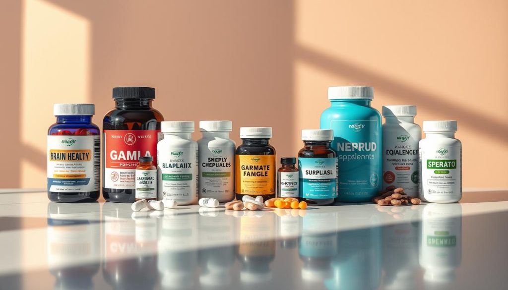 A visually striking, scientifically-accurate illustration of an array of high-quality brain health supplements, meticulously arranged on a sleek, reflective surface against a minimal, soft-focus background. Warm, natural lighting casts subtle shadows, emphasizing the premium quality and scientific nature of the products. The composition is balanced, drawing the viewer's eye to the supplements while conveying a sense of focus, clarity, and cognitive enhancement. The overall mood is one of professionalism, authority, and the promise of mental vitality.