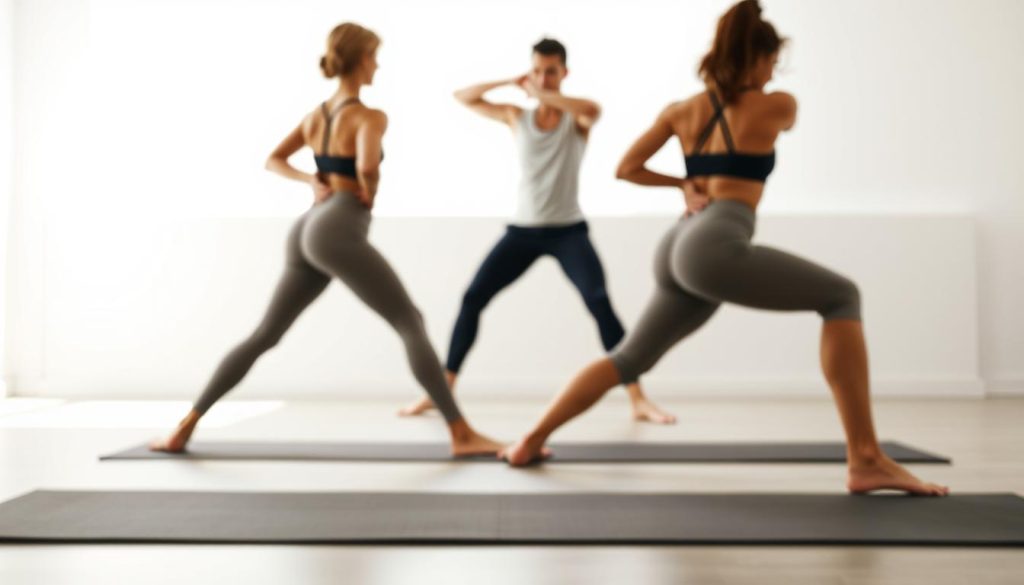 A well-lit, airy studio scene depicting a person performing a series of joint mobility exercises. The foreground shows their lower body in focus, with legs spread shoulder-width apart, knees flexed, and hips circling gently. The middle ground captures the upper body rotating and stretching, arms flowing through a range of motion. The background is softly blurred, suggesting a serene, minimalist environment. The lighting is natural, with soft shadows and highlights accentuating the fluid movements. The overall mood is one of graceful ease and controlled vitality.