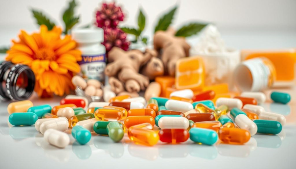 A well-lit, close-up photograph of an assortment of immune-boosting dietary supplements. In the foreground, a variety of capsules, tablets, and soft gels in various shapes and colors are neatly arranged on a clean, reflective surface. The middle ground features a selection of nutrient-rich superfoods like echinacea, ginger, and vitamin C crystals, conveying the natural sources of these immune-supporting compounds. The background is softly blurred, focusing the viewer's attention on the carefully curated collection of supplements. The overall mood is one of health, vitality, and scientific precision, suggesting the considered, evidence-based approach to strengthening the body's natural defenses.