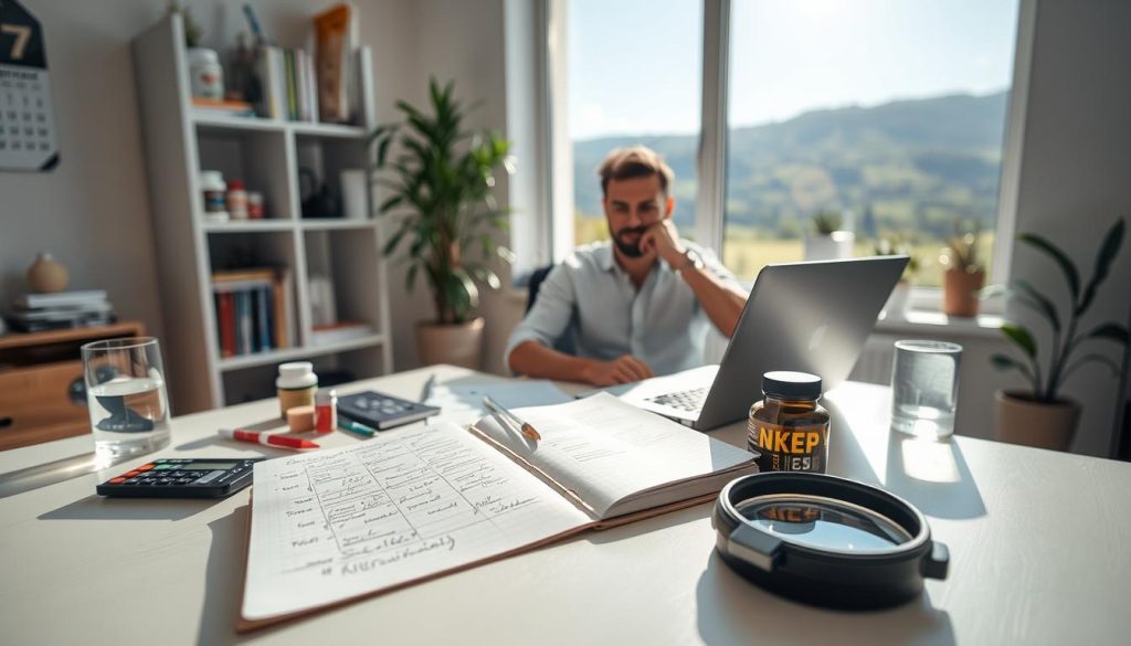 A well-lit home office scene with a person sitting at a desk, surrounded by various health and nutrition related items. In the foreground, an open notebook with handwritten notes, a calculator, and a magnifying glass. On the desk, a laptop, various supplements, and a glass of water. In the middle ground, a bookshelf with health and fitness books, a potted plant, and a wall calendar. The background features a large window overlooking a scenic outdoor landscape, with natural sunlight streaming in. The overall mood is one of focused assessment and exploration of personal nutritional needs.