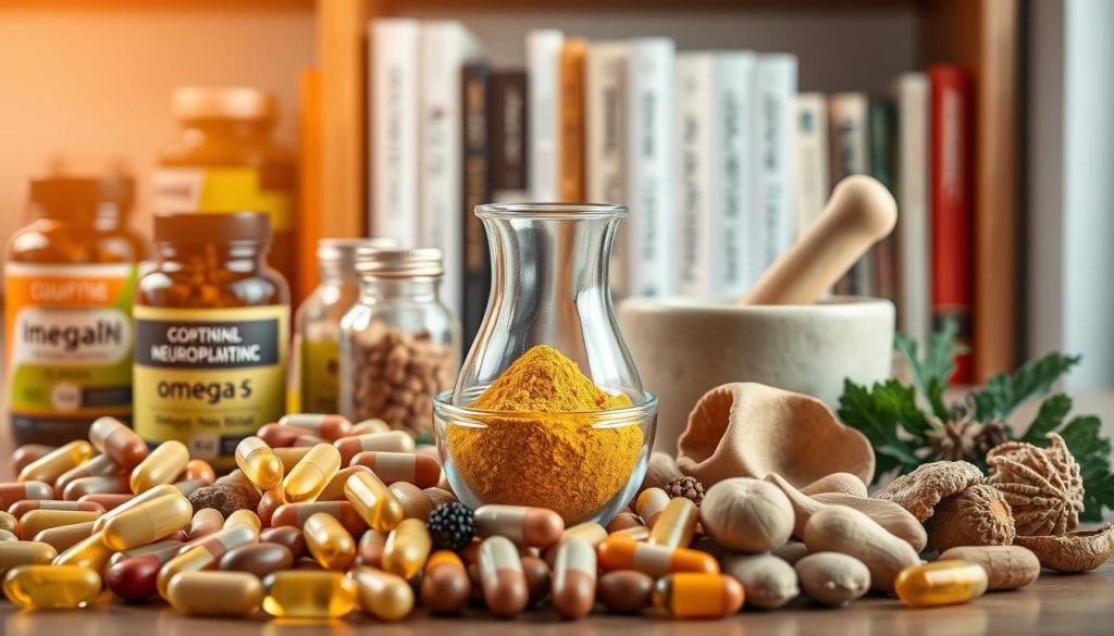 A well-lit studio photograph showcasing an assortment of high-quality brain health supplements. In the foreground, an arrangement of various capsules, tablets, and soft gels in earthy tones - including omega-3s, Ginkgo Biloba, Bacopa Monnieri, and Lion's Mane mushroom extracts. The middle ground features a glass beaker filled with a vibrant nootropic powder, accompanied by a mortar and pestle. In the background, a bookshelf with titles on cognitive function and neuroplasticity. The overall scene conveys a sense of scientific credibility, natural wellness, and cognitive enhancement.