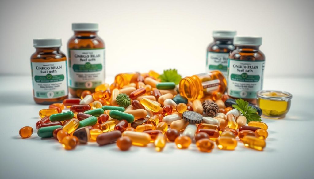 A well-lit, visually appealing still life composition showcasing an assortment of high-quality brain health supplements. In the foreground, an arrangement of various capsules, tablets, and soft gels in earthy tones of amber, green, and blue. The middle ground features a scattered display of natural nootropic ingredients like ginkgo biloba, omega-3 fish oils, and B-complex vitamins. The background is a clean, minimalist setting with soft, diffused lighting, accentuating the natural tones and textures of the supplements. The overall mood is one of wellness, clarity, and a sense of holistic brain nourishment.