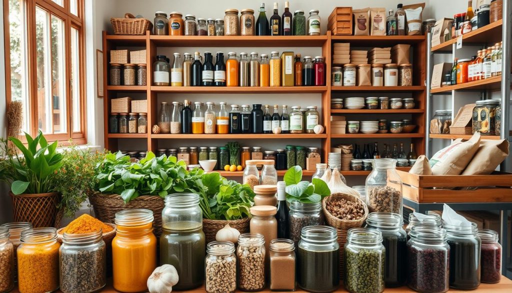 A well-stocked herbal functional food pantry, bathed in warm, natural light filtering through large windows. In the foreground, an assortment of glass jars, each filled with a different aromatic dried herb or superfood powder - turmeric, ashwagandha, matcha, maca, spirulina. Woven baskets and wooden crates hold fresh produce like ginger, garlic, and leafy greens. In the middle ground, a wooden shelf displays a variety of herbal teas, tinctures, and infused oils. The background features floor-to-ceiling shelving units stocked with jars, bags, and bottles of other functional ingredients like chia seeds, flaxseeds, nuts, and dried berries. The overall atmosphere is one of abundance, vitality, and a commitment to natural, holistic well-being.