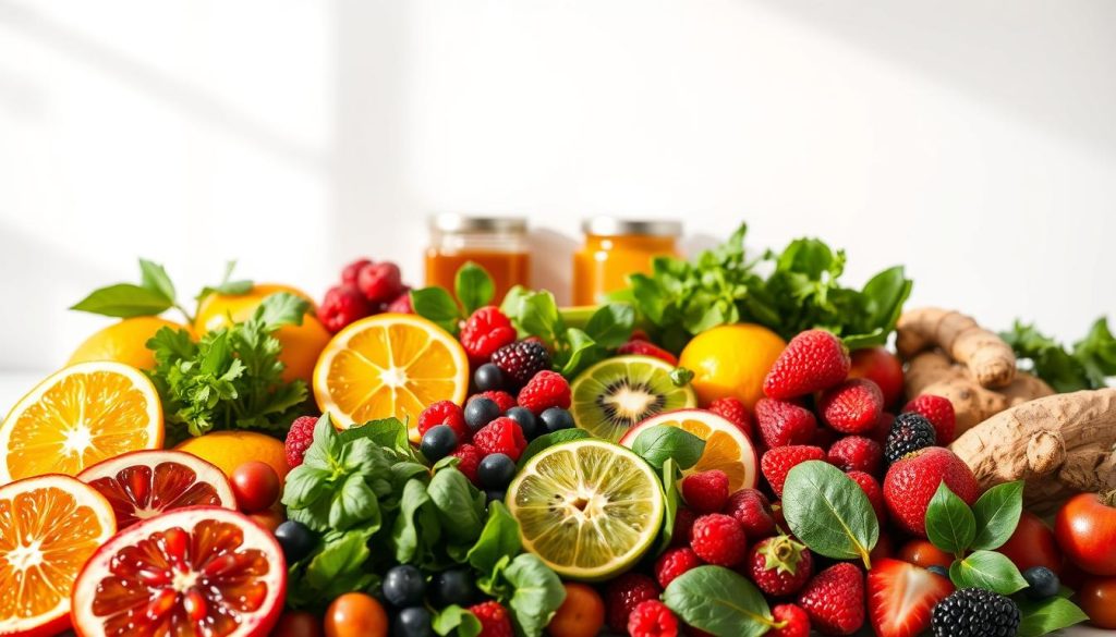 Vibrant array of seasonal superfoods against a crisp white background, illuminated by soft natural light streaming in from the side. In the foreground, a varied selection of immune-boosting fruits and vegetables, including citrus slices, pomegranate arils, kiwi, berries, and leafy greens. In the midground, jars of honey, ginger, and turmeric, reflecting their immune-supporting properties. The background features a minimalist, clean design, allowing the superfoods to take center stage and convey their importance for year-round wellness.
