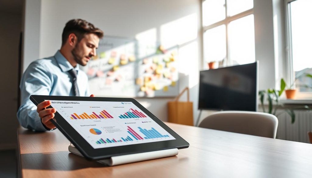 A clean, modern workspace with a bright atmosphere, showcasing diverse skill development metrics. In the foreground, a sleek digital tablet displays colorful graphs and charts representing skill progression. To the left, a professional in business attire reviews the data, focusing intently. In the middle space, a whiteboard filled with post-it notes and brainstorming ideas illustrates collaboration and growth. The background features a large window with natural sunlight flooding in, casting soft shadows across the room, enhancing the sense of motivation and clarity. The overall mood is one of empowerment and professionalism, encouraging a positive approach to learning and skill enhancement. The image captures a blend of technology and human engagement. A clean, modern workspace with a bright atmosphere, showcasing diverse skill development metrics. In the foreground, a sleek digital tablet displays colorful graphs and charts representing skill progression. To the left, a professional in business attire reviews the data, focusing intently. In the middle space, a whiteboard filled with post-it notes and brainstorming ideas illustrates collaboration and growth. The background features a large window with natural sunlight flooding in, casting soft shadows across the room, enhancing the sense of motivation and clarity. The overall mood is one of empowerment and professionalism, encouraging a positive approach to learning and skill enhancement. The image captures a blend of technology and human engagement.