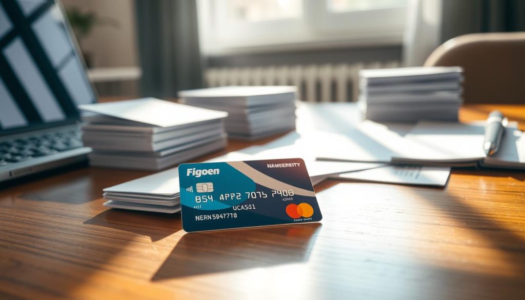 A close-up view of a 0% APR credit card prominently displayed on a polished wooden table, surrounded by financial documents and a laptop. The credit card features a sleek design with a visually appealing color palette, emphasizing its promotional aspects. In the background, a blurred stack of similar credit cards signifies choice and options. Natural sunlight pours in from a nearby window, casting soft shadows and creating a warm, inviting atmosphere. The focus should be on the card, conveying a sense of trust and opportunity. The overall mood is professional yet accessible, ideal for a financial guide, with no human subjects included.