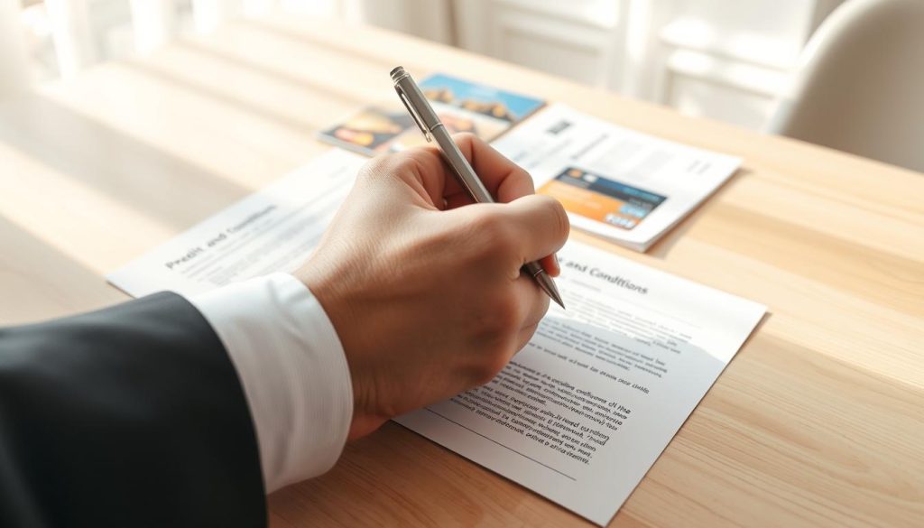 A close-up view of credit card terms and conditions displayed on a light, polished wooden desk. In the foreground, a hand in a professional business attire holding a pen, ready to sign. The middle ground features neatly arranged documents, including a credit card application and a few financial brochures, all with clean, organized lines. In the background, soft natural light filters through a nearby window, casting gentle shadows, creating a serene and focused atmosphere. The angle is slightly tilted from above, emphasizing the details on the documents while maintaining a clean and professional aesthetic. The mood is informative and serious, suitable for understanding important financial agreements.