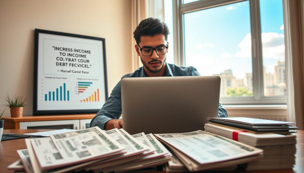A determined young professional sitting at a modern home office desk, focused on a laptop displaying financial charts and budgeting tools. In the foreground, stacks of credit card bills are neatly organized, showing a sense of urgency. The middle ground features a framed motivational quote on money management, while an open window in the background reveals a cheerful urban landscape under a bright, sunny sky, symbolizing hope and opportunities. Soft, warm lighting creates an uplifting atmosphere, with slight shadows suggesting depth. Capture the image with a mid-range lens to highlight the subject while softly blurring the background, emphasizing the idea of increasing income to combat debt effectively. The overall mood should be positive and motivational, inspiring viewers to take control of their financial future. A determined young professional sitting at a modern home office desk, focused on a laptop displaying financial charts and budgeting tools. In the foreground, stacks of credit card bills are neatly organized, showing a sense of urgency. The middle ground features a framed motivational quote on money management, while an open window in the background reveals a cheerful urban landscape under a bright, sunny sky, symbolizing hope and opportunities. Soft, warm lighting creates an uplifting atmosphere, with slight shadows suggesting depth. Capture the image with a mid-range lens to highlight the subject while softly blurring the background, emphasizing the idea of increasing income to combat debt effectively. The overall mood should be positive and motivational, inspiring viewers to take control of their financial future.