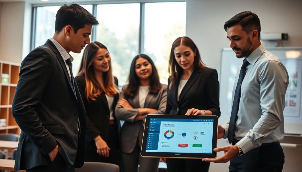 A modern classroom setting showcasing the implementation of educational technology tools. In the foreground, a diverse group of three professionals in business attire, attentively discussing a digital tablet displaying a software interface for educational management. The middle ground features a sleek digital whiteboard displaying colorful graphs and a flowchart related to tech tool integration. In the background, a bright window illuminates the room, revealing a campus view. The mood is collaborative and focused, with warm lighting enhancing the professional atmosphere. Use a slightly elevated camera angle to capture the interaction and the technology in use, while ensuring a clear, engaging composition that reflects innovation and teamwork in education.