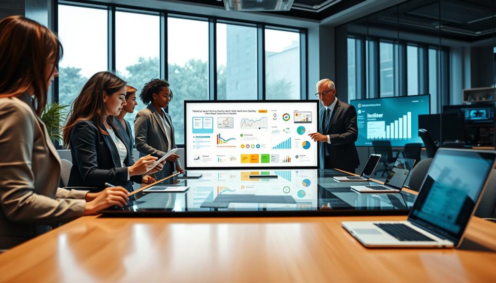 A modern educational technology workspace featuring a diverse group of professional individuals collaborating around a sleek, high-tech conference table. The foreground shows a young woman in smart casual attire using a tablet, while a middle-aged man in formal business attire points to a digital whiteboard showcasing various edtech tools and graphs. The background includes large windows with natural light streaming in, illuminating the room filled with innovative gadgets like laptops, VR headsets, and interactive displays. The atmosphere is energetic and focused, with a sense of teamwork and creativity as they assess their educational technology needs. The lens captures the scene from a slightly elevated angle, emphasizing engagement and professionalism.
