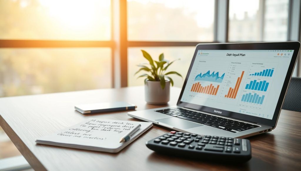 A modern office desk scene represents a "debt repayment plan." In the foreground, a well-organized desk features a laptop open to a budgeting application displaying charts and graphs, emphasizing financial analysis. Beside the laptop, a notepad with handwritten notes outlines a repayment strategy, and a calculator sits ready for further calculations. In the middle, a potted plant adds a touch of greenery, bringing a sense of calm and focus. The background showcases a large window with soft morning light streaming in, illuminating the workspace and creating a warm, inviting atmosphere. The mood is professional and motivating, reinforcing the importance of financial planning. The image captures the essence of a structured approach to managing debt while ensuring a clean, organized, and peaceful environment. A modern office desk scene represents a "debt repayment plan." In the foreground, a well-organized desk features a laptop open to a budgeting application displaying charts and graphs, emphasizing financial analysis. Beside the laptop, a notepad with handwritten notes outlines a repayment strategy, and a calculator sits ready for further calculations. In the middle, a potted plant adds a touch of greenery, bringing a sense of calm and focus. The background showcases a large window with soft morning light streaming in, illuminating the workspace and creating a warm, inviting atmosphere. The mood is professional and motivating, reinforcing the importance of financial planning. The image captures the essence of a structured approach to managing debt while ensuring a clean, organized, and peaceful environment.