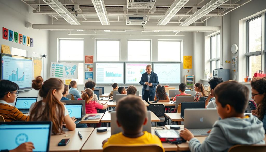 A modern, vibrant classroom filled with students engaged in digital learning. In the foreground, a teacher in professional attire is guiding a group of diverse students, each using laptops and tablets to interact with educational software. The middle ground showcases interactive whiteboards and displays showing graphs and digital assessments, emphasizing classroom management tools. In the background, large windows let in bright, natural light, creating a warm and inviting atmosphere. The room is decorated with colorful educational posters and technological gadgets, highlighting innovation in education. The composition is shot from a slight overhead angle to capture the dynamic learning environment. The overall mood is optimistic and collaborative, showcasing the integration of technology in enhancing teaching and assessment methods.