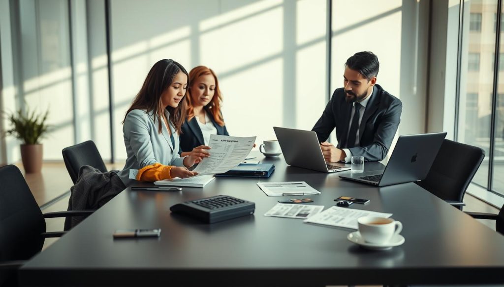 A professional and engaging scene depicting a 0% APR credit card payment plan. In the foreground, a diverse group of three individuals in business attire, focused on a financial document with a calculator and a laptop open, discussing strategies for maximizing their 0% APR period. In the middle, a large, sleek table with neatly organized financial materials, credit cards, and a cup of coffee, creating a collaborative atmosphere. The background features a modern office setting with soft, natural lighting from large windows, casting gentle shadows that enhance a feeling of transparency and trust. The overall mood is optimistic and strategic, inviting viewers to consider their financial options with confidence. The image conveys professionalism and a sense of financial empowerment.