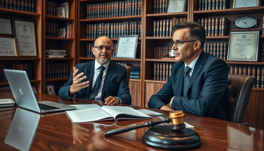 A professional bankruptcy attorney seated at a desk, engaged in a consultation with a client, both are dressed in smart business attire. The foreground features a polished wooden desk with legal documents, a laptop, and a gavel. In the middle, the attorney is gesturing reassuringly, with a confident expression, fostering a supportive atmosphere. The client appears contemplative, conveying a sense of trust and concern. The background showcases bookshelves filled with legal texts and framed certificates, adding credibility to the scene. Soft, warm lighting illuminates the setting, creating an inviting and professional environment, captured from a slightly low angle to emphasize the attorney’s expertise and approachability. The mood is focused and serious yet hopeful, reflecting the journey through financial struggles.