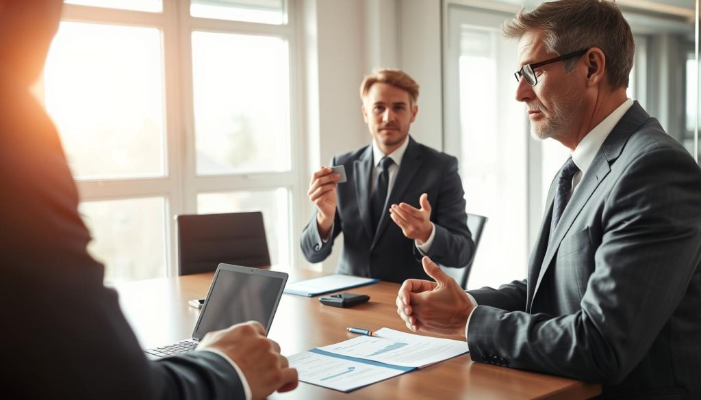 A professional business setting showcasing a well-dressed individual engaged in a serious conversation over a credit card debt issue. In the foreground, a middle-aged person in formal attire presents a firm but calm demeanor, holding a credit card and a pen, as they negotiate with a bank representative. The middle ground features a modern conference table with a calculator, documents, and a laptop displaying financial charts. In the background, there are large windows allowing natural light to illuminate the room, creating a warm, inviting atmosphere. Soft shadows add depth to the setting. The image should convey a mood of professionalism, hope, and empowerment, suggesting progress in resolving credit card debt. A professional business setting showcasing a well-dressed individual engaged in a serious conversation over a credit card debt issue. In the foreground, a middle-aged person in formal attire presents a firm but calm demeanor, holding a credit card and a pen, as they negotiate with a bank representative. The middle ground features a modern conference table with a calculator, documents, and a laptop displaying financial charts. In the background, there are large windows allowing natural light to illuminate the room, creating a warm, inviting atmosphere. Soft shadows add depth to the setting. The image should convey a mood of professionalism, hope, and empowerment, suggesting progress in resolving credit card debt.