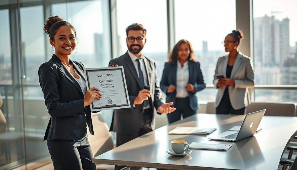 A professional certification scene focused on a diverse group of individuals in a well-lit modern office environment. In the foreground, a confident young woman in a tailored suit proudly holds a glowing certification diploma, showcasing its impressive design. She stands next to a happy middle-aged man in smart business casual attire, both smiling and engaging in conversation. In the middle ground, a sleek conference table is scattered with study materials, laptops, and an elegant coffee cup, reflecting a collaborative atmosphere. The background features large windows with a cityscape view, infusing natural light that enhances the positive, productive mood. Soft shadows create a dynamic interplay, accentuating their expressions of achievement and potential. The overall composition conveys professionalism, ambition, and the rewarding journey of gaining professional credentials. A professional certification scene focused on a diverse group of individuals in a well-lit modern office environment. In the foreground, a confident young woman in a tailored suit proudly holds a glowing certification diploma, showcasing its impressive design. She stands next to a happy middle-aged man in smart business casual attire, both smiling and engaging in conversation. In the middle ground, a sleek conference table is scattered with study materials, laptops, and an elegant coffee cup, reflecting a collaborative atmosphere. The background features large windows with a cityscape view, infusing natural light that enhances the positive, productive mood. Soft shadows create a dynamic interplay, accentuating their expressions of achievement and potential. The overall composition conveys professionalism, ambition, and the rewarding journey of gaining professional credentials.