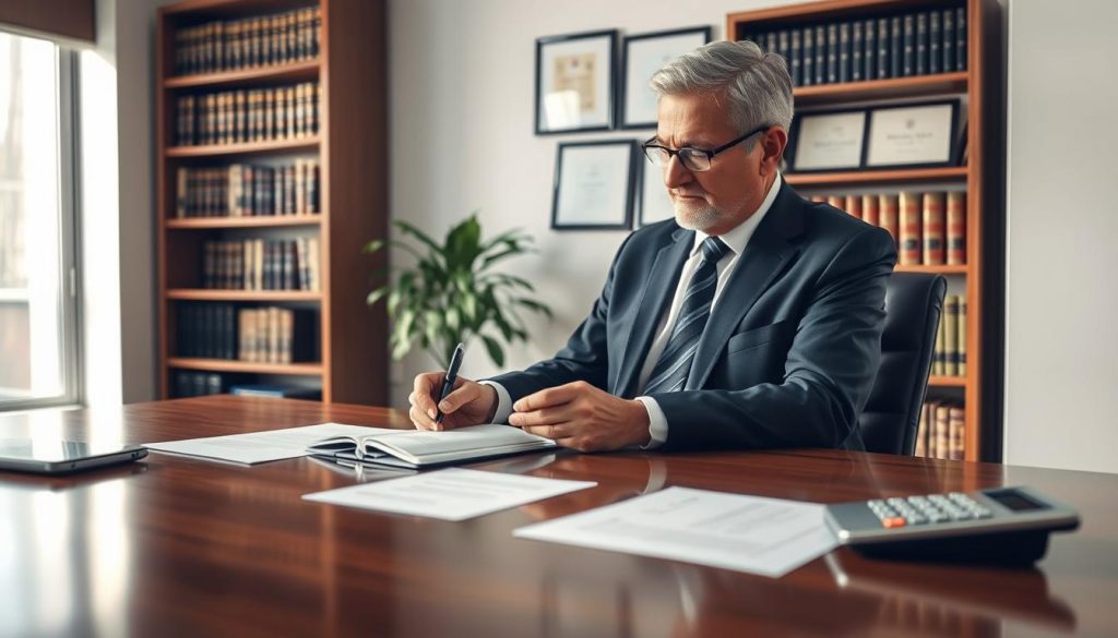 A professional estate planning attorney in a modern office setting, seated at a polished wooden desk covered with legal documents and a calculator, illustrating the concept of cost considerations. The attorney, a middle-aged person in a tailored navy suit, looks thoughtfully at a document while holding a pen. In the background, shelves filled with law books and framed diplomas create a scholarly atmosphere. Soft, natural lighting filters through a large window, casting a warm glow on the scene, enhancing the mood of professionalism and trust. A potted plant in the corner adds a touch of life to the setting, reflecting the careful planning associated with estate management. The image should convey expertise and reliability without any distractions or text.