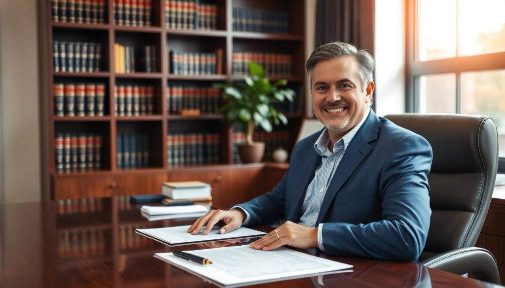 A professional estate planning attorney sitting at a sleek, mahogany desk in a well-appointed office. In the foreground, the attorney, a middle-aged individual with a friendly demeanor, is dressed in a sharp blue suit and smiling warmly, conveying a sense of approachability and expertise. Papers and a pen are neatly organized in front of them, hinting at the importance of their work. The middle ground features a bookshelf filled with legal books and a potted plant for a touch of warmth. In the background, a large window lets in soft, natural light, casting a warm glow across the room. The atmosphere is calm and professional, inviting clients to seek advice on estate planning matters. The composition is captured from a slight angle, showcasing the welcoming environment.