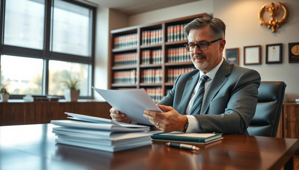 A professional family trust attorney seated at a sleek wooden desk in a modern office environment, examining legal documents with focus. The attorney, a middle-aged man or woman in business attire, has an approachable expression that conveys trustworthiness. In the foreground, a neatly organized stack of legal files and a pen are visible, emphasizing the attorney's meticulous nature. In the middle, natural light filters through large windows, casting a warm glow across the room, enhancing the professional atmosphere. The background features bookshelves filled with law books and awards on the wall, underscoring expertise and credibility. The overall mood is one of calm professionalism, encouraging clients to feel secure about their legal choices regarding wills and trusts.