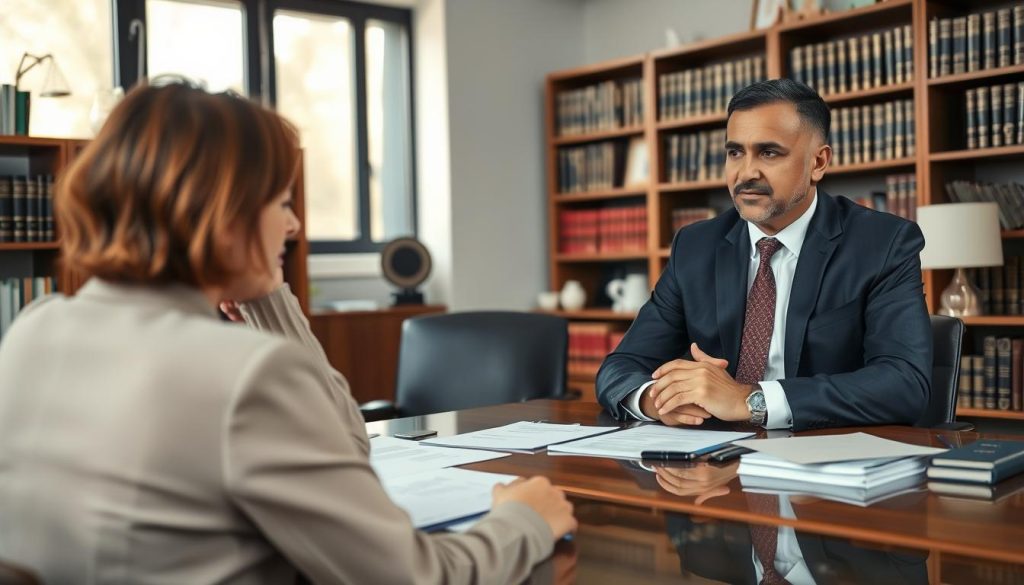 A professional medical malpractice lawyer consulting with a client in an office setting. In the foreground, the lawyer, a middle-aged Hispanic man in a tailored navy suit, sits across a desk, looking attentive and empathetic. The client, a young Caucasian woman in a smart blouse, appears concerned as she listens intently. In the middle, the desk is cluttered with legal documents and a laptop, conveying the seriousness of the consultation. In the background, a large window lets in soft, natural light, illuminating the room filled with bookshelves and legal books. The atmosphere is serious yet supportive, emphasizing the importance of patient rights and legal advice in medical malpractice cases. The image captures the nuances of a respectful and professional consultation.
