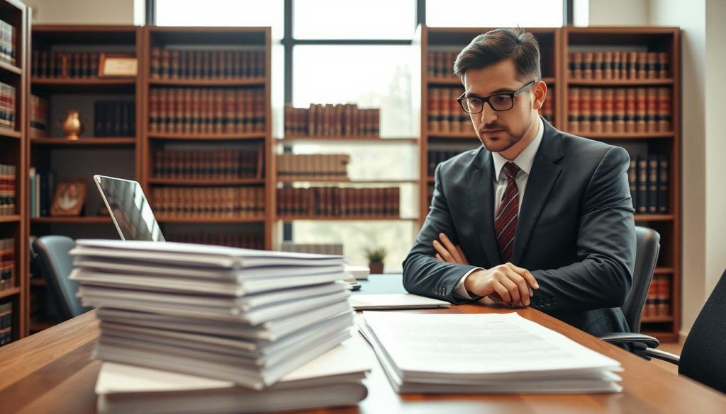 A professional medical malpractice lawyer in business attire, standing confidently in a modern law office with a concerned patient sitting across the desk. The foreground features a neatly arranged stack of legal documents and a laptop displaying case files. In the middle ground, the lawyer is engaging with the patient, demonstrating empathy. The background includes bookshelves filled with legal texts and a large window allowing natural light to flood the room, creating a warm and inviting atmosphere. The lighting is soft, highlighting the expressions of both individuals and depicting a sense of trust and professionalism. The angle is slightly elevated, giving a comprehensive view of the interaction while emphasizing the serious nature of the consultation.