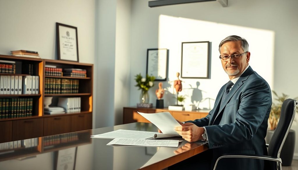 A professional medical malpractice lawyer sitting at a sleek, modern desk in a well-lit office, displaying a confident, empathetic expression. In the foreground, the lawyer, a middle-aged person in a sharp navy suit, reviews legal documents with a focused gaze. The middle ground features a bookshelf filled with legal books and case law, while a framed certificate of legal excellence hangs on the wall. Soft natural light illuminates the room from a large window, casting gentle shadows that enhance the professional atmosphere. The background showcases an anatomical model and a small potted plant, adding a touch of warmth. The overall mood conveys a sense of dedication to protecting patients’ rights and providing legal expertise.