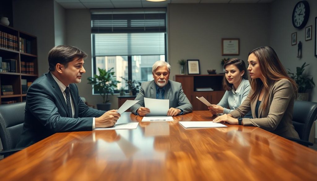 A professional office setting for a bankruptcy law firm consultation. In the foreground, a diverse group of three people: a well-dressed attorney, a middle-aged client in business casual attire, and a young adult taking notes, all seated around a polished wooden conference table. The attorney is explaining legal documents, creating an atmosphere of trust and support. In the middle, a large window lets soft, natural light fill the room, illuminating shelves filled with legal books and framed diplomas on the walls. The background includes a potted plant and a clock, adding to the professional ambiance. The overall mood is serious yet hopeful, conveying the importance of receiving expert advice during a challenging financial time. Use a slight overhead angle to capture the interaction at the table.