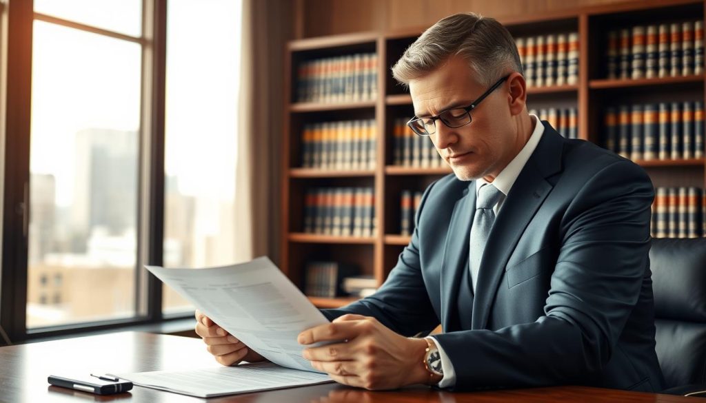 A professional probate attorney in a modern office environment, focused on a detailed document, such as a will or estate plan. In the foreground, the attorney, a middle-aged Caucasian man in a crisp navy suit and light blue tie, thoughtfully examines paperwork at his wooden desk. In the middle ground, an elegant bookshelf filled with legal books emphasizes his expertise. In the background, a large window reveals a cityscape, allowing soft natural light to illuminate the scene, creating a warm and inviting atmosphere. The overall mood conveys professionalism and trustworthiness, highlighting the importance of legal guidance in the probate process. Capture this scene with a slight depth of field, using a 50mm lens to focus on the attorney while gently blurring the background.