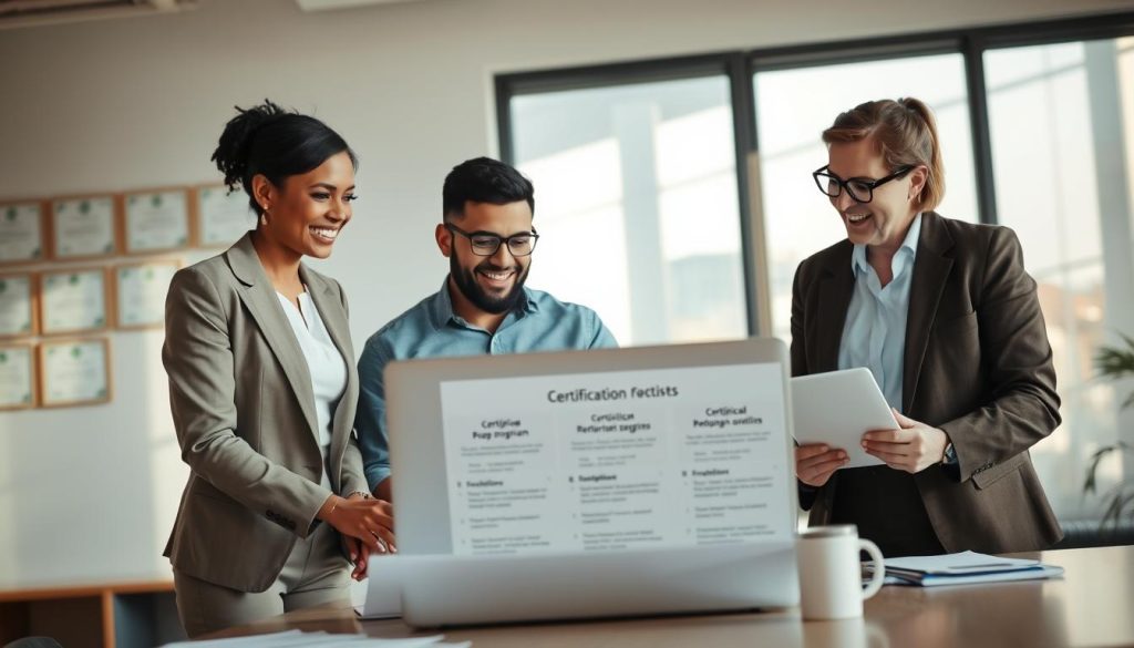 A professional, serene office setting forms the background, featuring a large window that lets in soft, natural light, casting gentle shadows. In the foreground, a diverse group of three professionals—a woman in a tailored blazer, a man in a smart casual shirt, and a person wearing glasses with a business-appropriate outfit—are engaged in animated discussion over a laptop displaying certification program outlines. They are surrounded by neatly organized certificates on the walls and a table with notes and a coffee mug. The mood is motivational and focused, symbolizing growth and achievement in career development. The image should have a warm color palette to inspire a sense of potential and opportunity, with a slightly blurred background to emphasize the foreground interaction. A professional, serene office setting forms the background, featuring a large window that lets in soft, natural light, casting gentle shadows. In the foreground, a diverse group of three professionals—a woman in a tailored blazer, a man in a smart casual shirt, and a person wearing glasses with a business-appropriate outfit—are engaged in animated discussion over a laptop displaying certification program outlines. They are surrounded by neatly organized certificates on the walls and a table with notes and a coffee mug. The mood is motivational and focused, symbolizing growth and achievement in career development. The image should have a warm color palette to inspire a sense of potential and opportunity, with a slightly blurred background to emphasize the foreground interaction.
